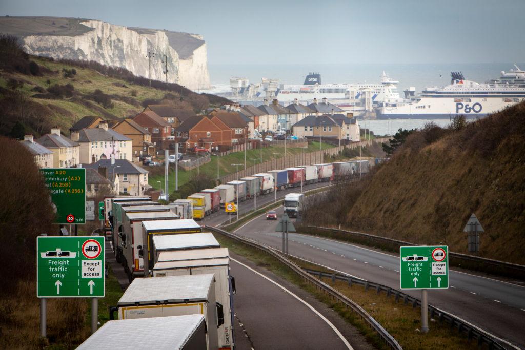 Trucks waiting to board ferries in Dover, England, to return to mainland Europe.