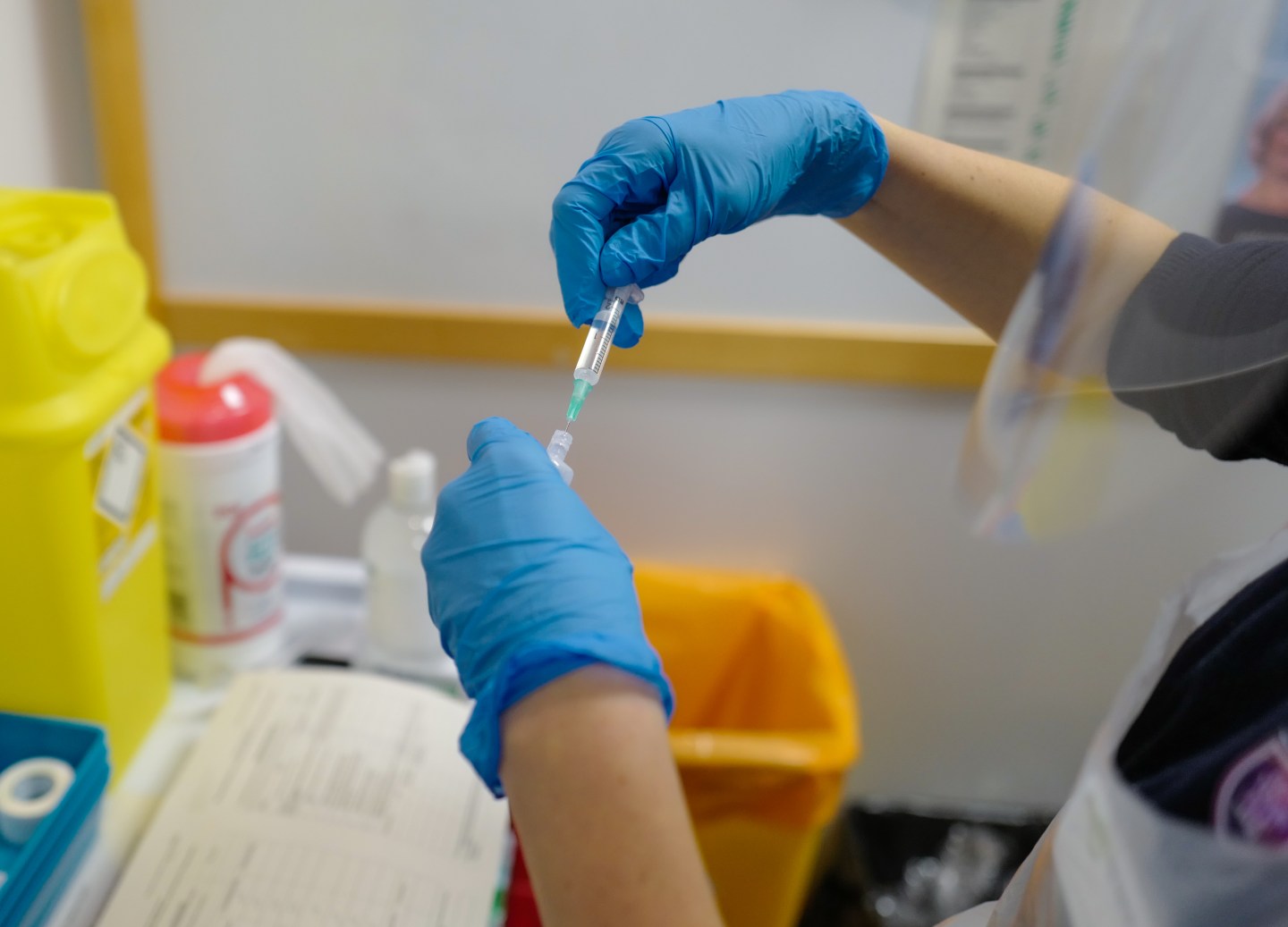 A staff nurse at the Royal Cornwall Hospital prepares to administer  Covid-19 vaccinations as the hospital began their vaccination programme on December 9, 2020 in Truro, United Kingdom. More than 50 hospitals across England were designated as covid-19 vaccine hubs, the first stage of what will be a lengthy vaccination campaign. NHS staff, over-80s, and care home residents will be among the first to receive the Pfizer/BioNTech vaccine, which recently received emergency approval from the country&#8217;s health authorities. (Photo by Hugh Hastings/Getty Images)