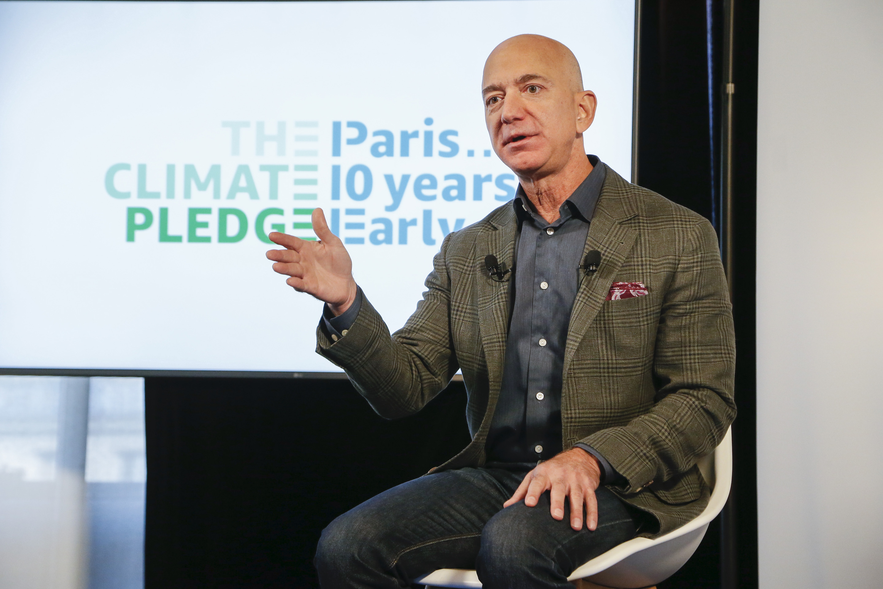 Amazon CEO Jeff Bezos (above) announces the co-founding of The Climate Pledge on Sept. 19, 2019. In 2020, he made the world's single-largest charitable donation—a $10 billion gift intended to help fight climate change—according to The Chronicle of Philanthropy.