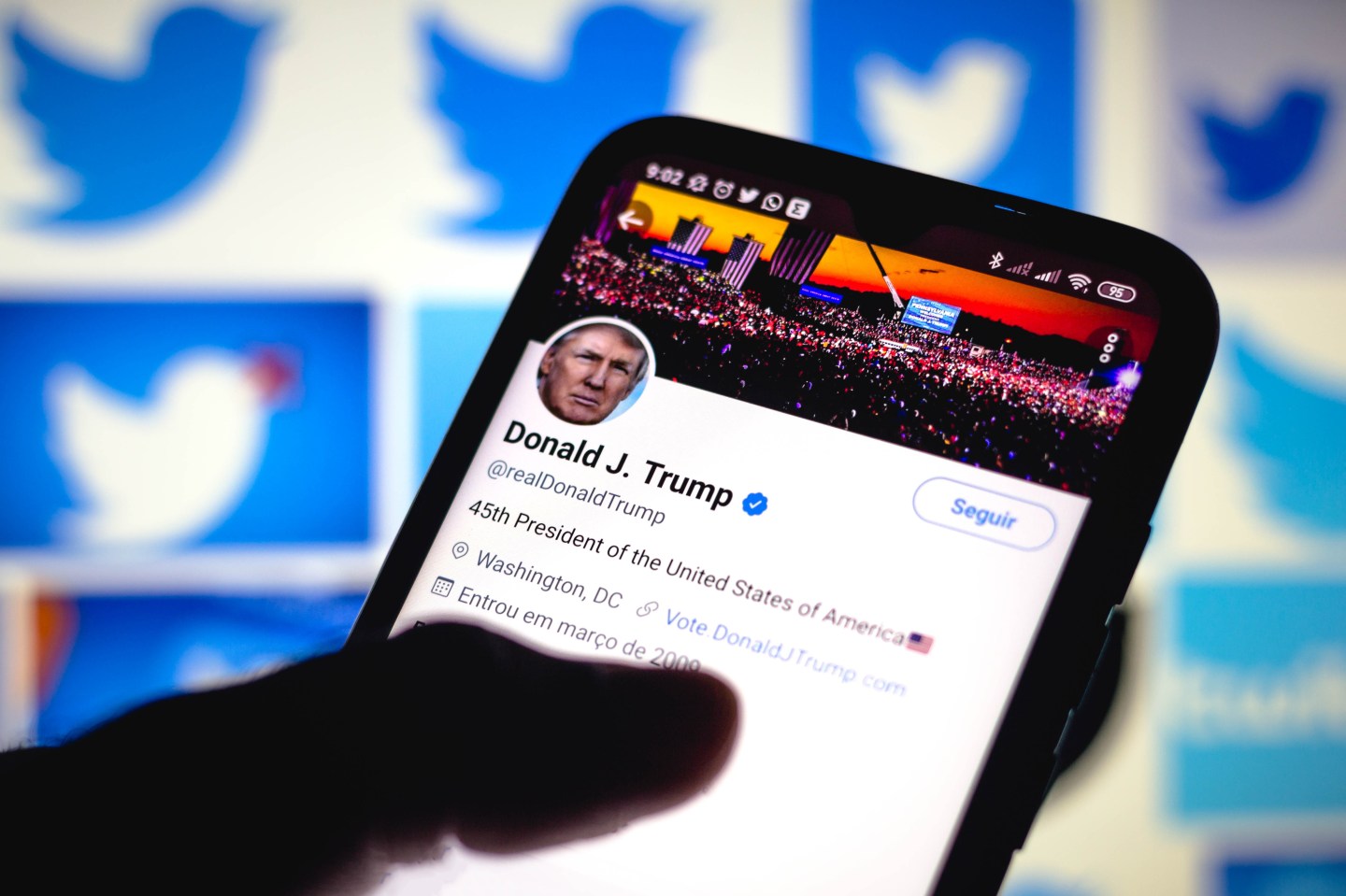 In this photo illustration the Twitter feed of the President of the USA Donald Trump is seen displayed on a smartphone.