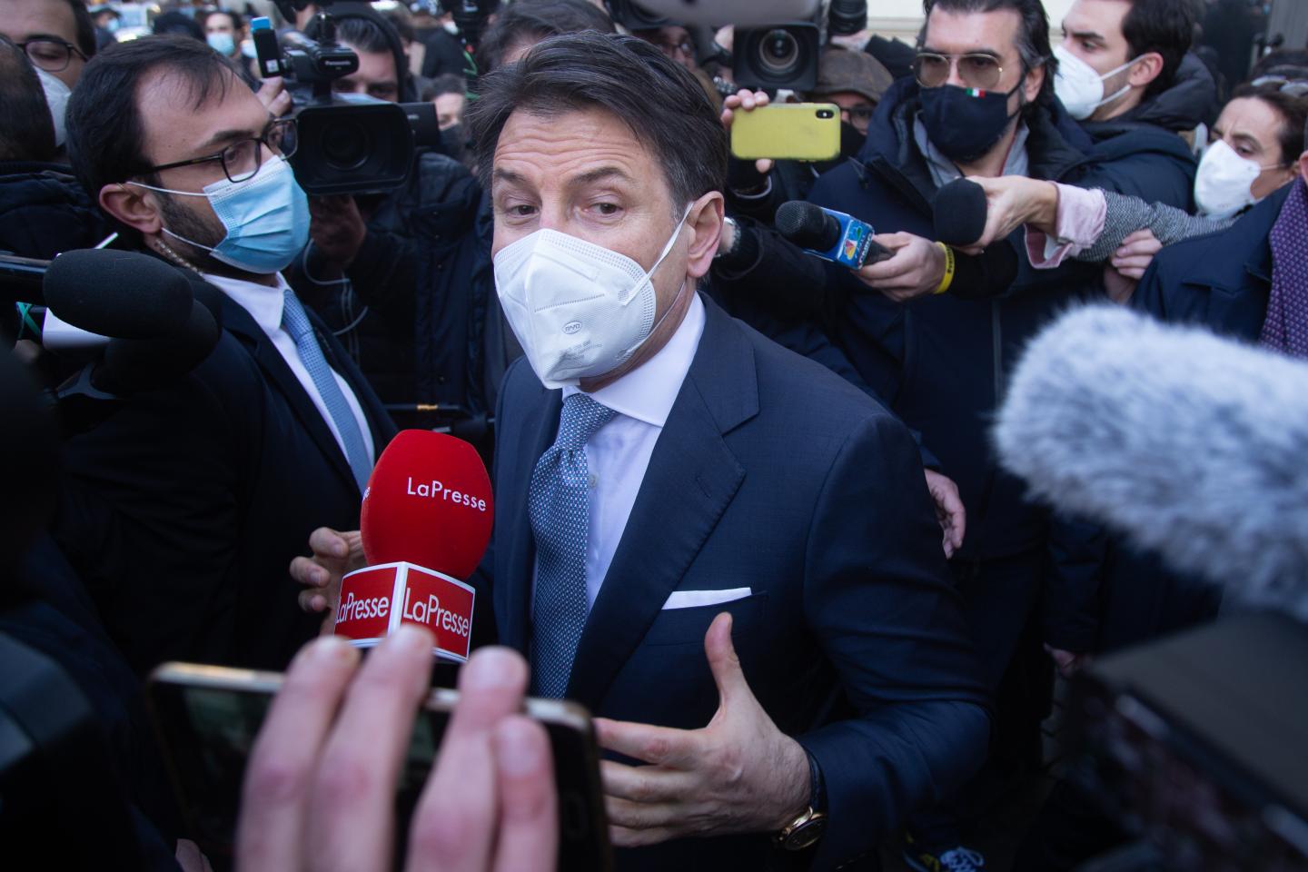 Italian Prime Minister Giuseppe Conte speaks to journalists after speaking with the President of the Republic Sergio Mattarella at the Quirinale.