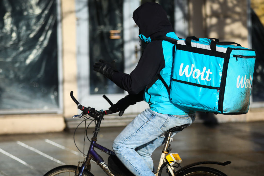 A photo of a Wolt delivery biker.
