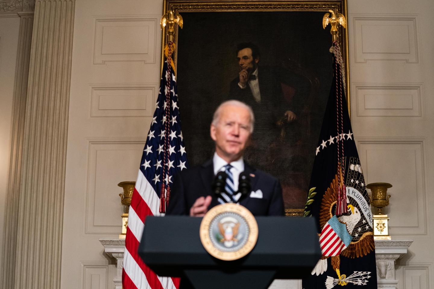 A portrait of Former President Abraham Lincoln as U.S. President Joe Biden speaks in the State Dining Room of the White House in Washington, D.C., U.S., on Wednesday, Jan. 27, 2021.