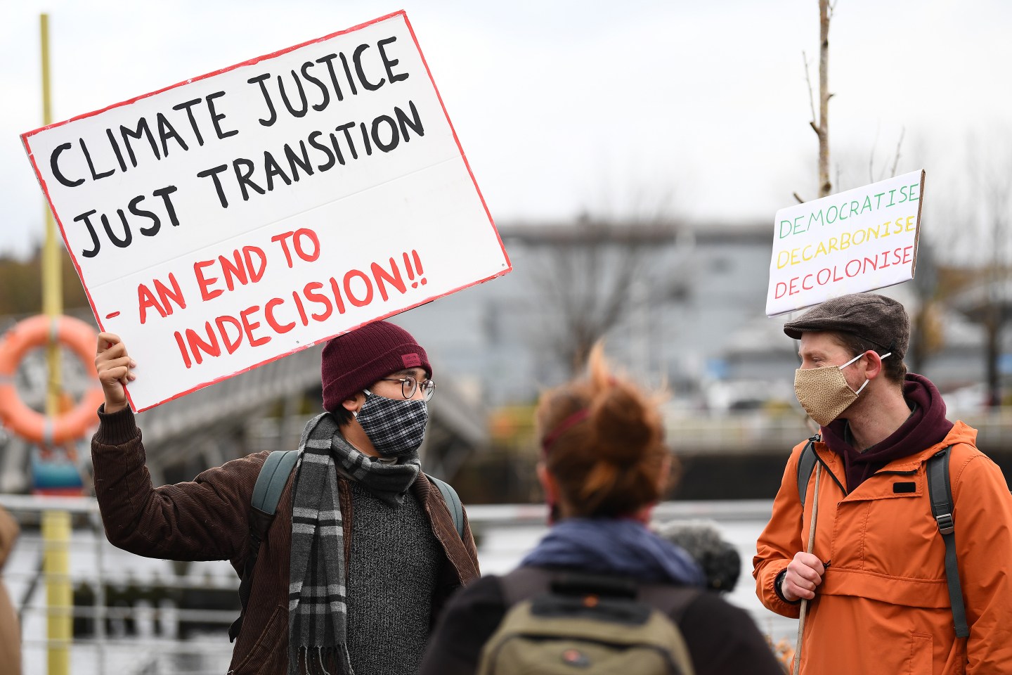 An activist demonstration marking the delayed COP26 UN climate negotiations on November 13, 2020 in Glasgow, Scotland.
