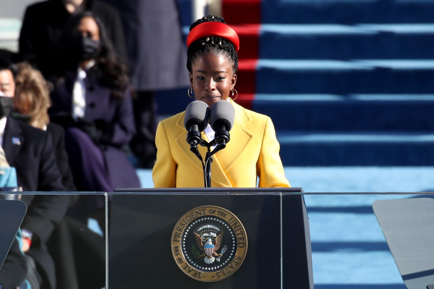 Youth Poet Laureate Amanda Gorman speaks during the inauguration of U.S. President-elect Joe Biden on the West Front of the U.S. Capitol on January 20, 2021 in Washington, D.C.