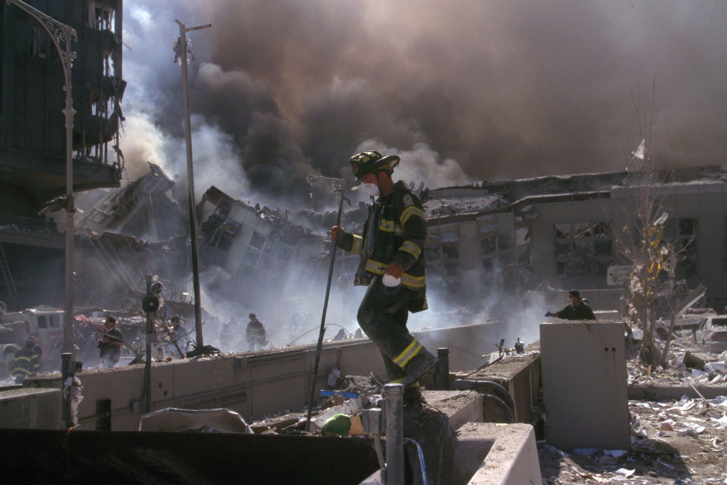 A New York firefighter amid the rubble of the World Trade Center after the September 11, 2001 attacks.