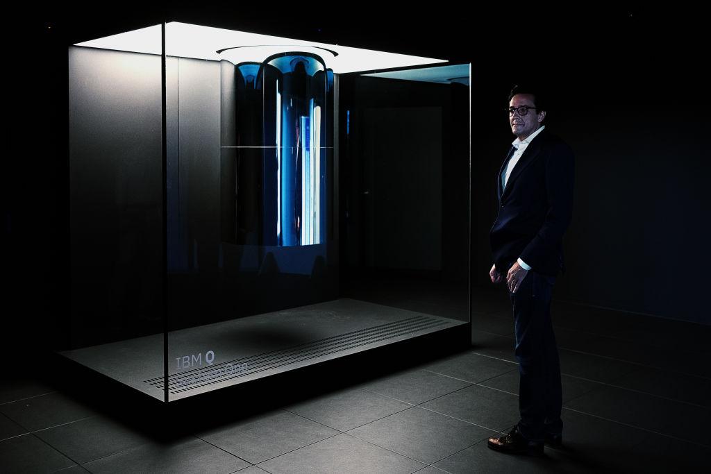 Dario Gil, Director of IBM Research, standing in front of IBM Q System One on October 18, 2019 at the company's research facility in Yorktown Heights, N.Y.