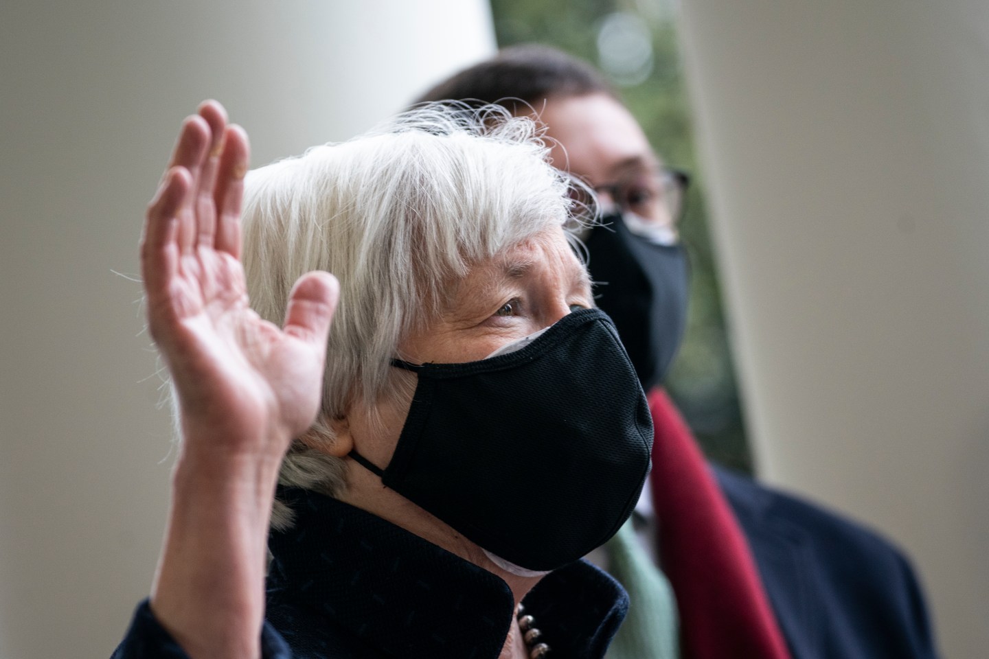 New Treasury Secretary Janet Yellen participates in a ceremonial swearing-in with U.S. Vice President Kamala Harris.