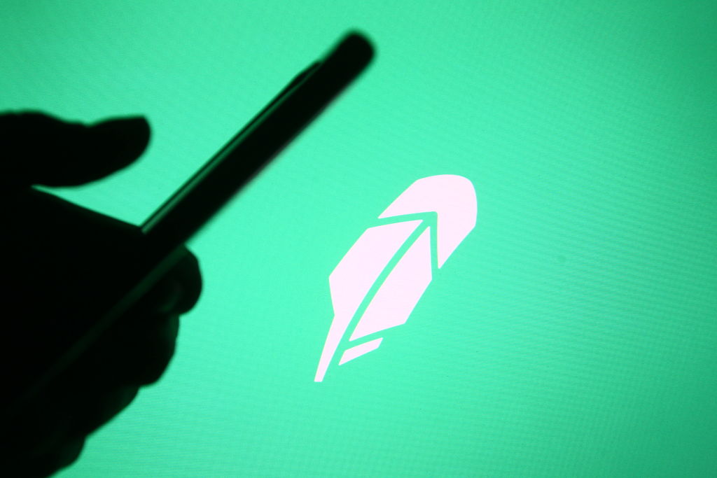 In this photo illustration a Robinhood logo of a U.S.