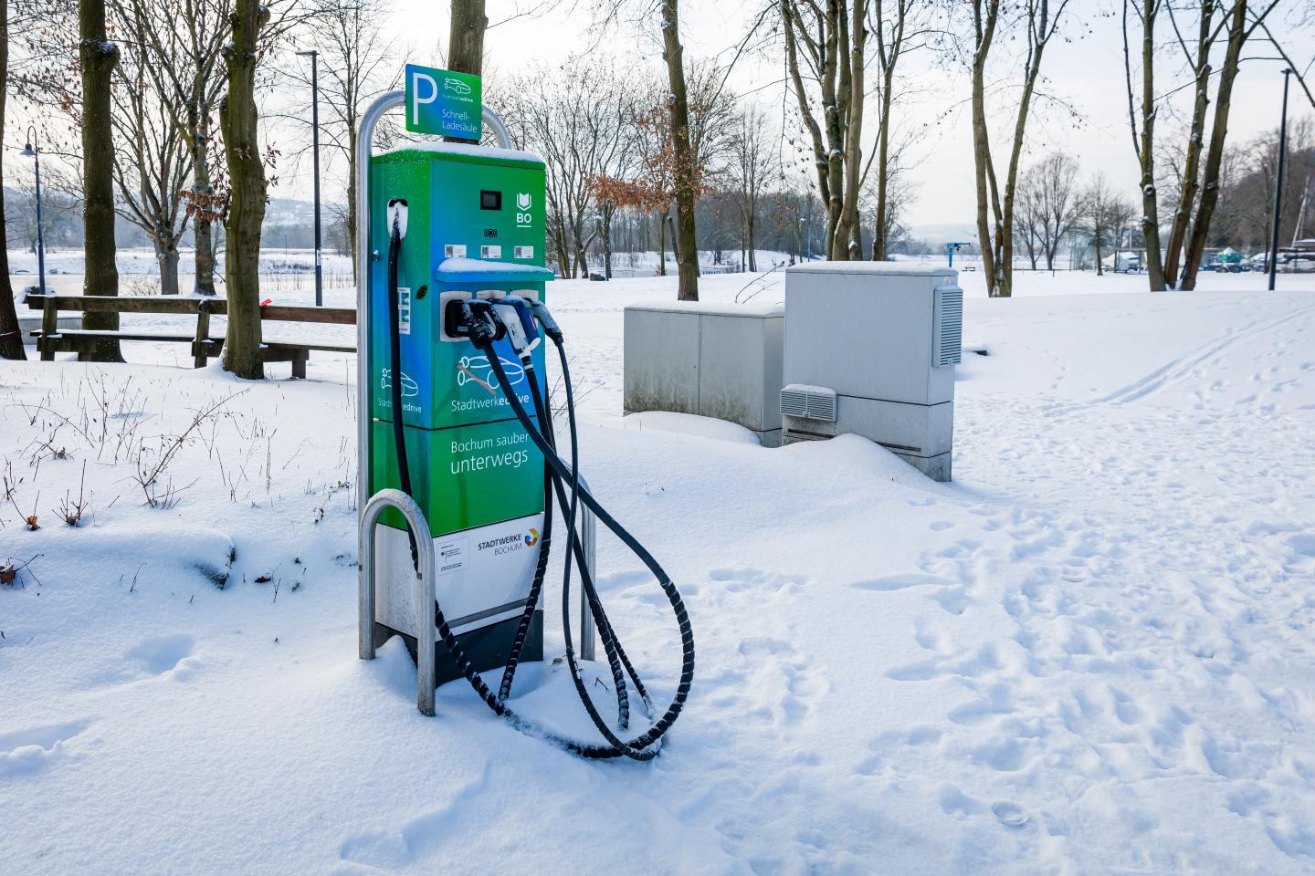 A charging column for electric vehicles in the snow is seen on February 09, 2021 in Bochum, Germany.