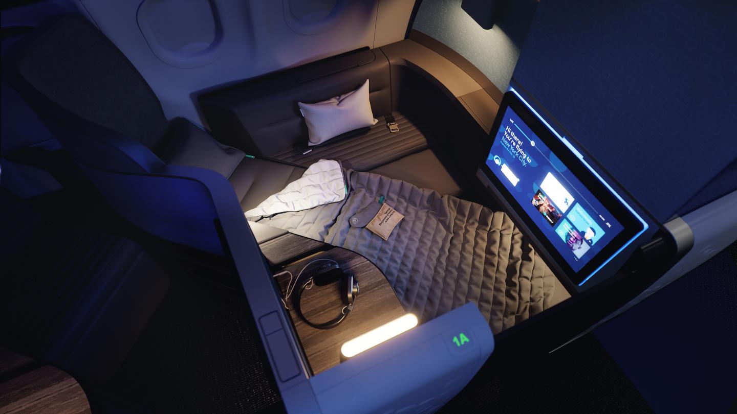 Inside JetBlue’s Mint cabin for business class, which boasts the largest bed on a U.S. airline