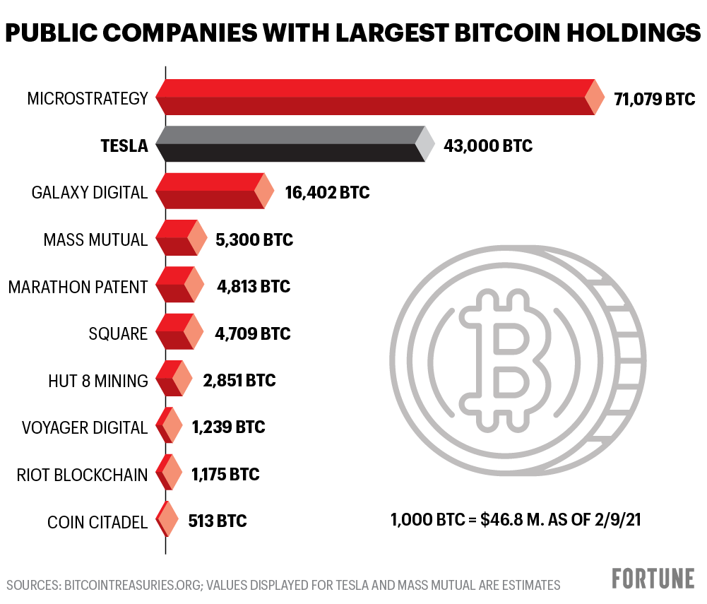 How does Tesla’s Bitcoin hoard compare to those of other public companies?