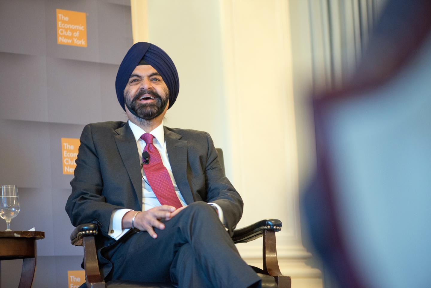 Ajay Banga, president and chief executive officer of MasterCard Inc., reacts during an Economic Club of New York (ECNY) event in New York, U.S., on Tuesday, May 7, 2019.