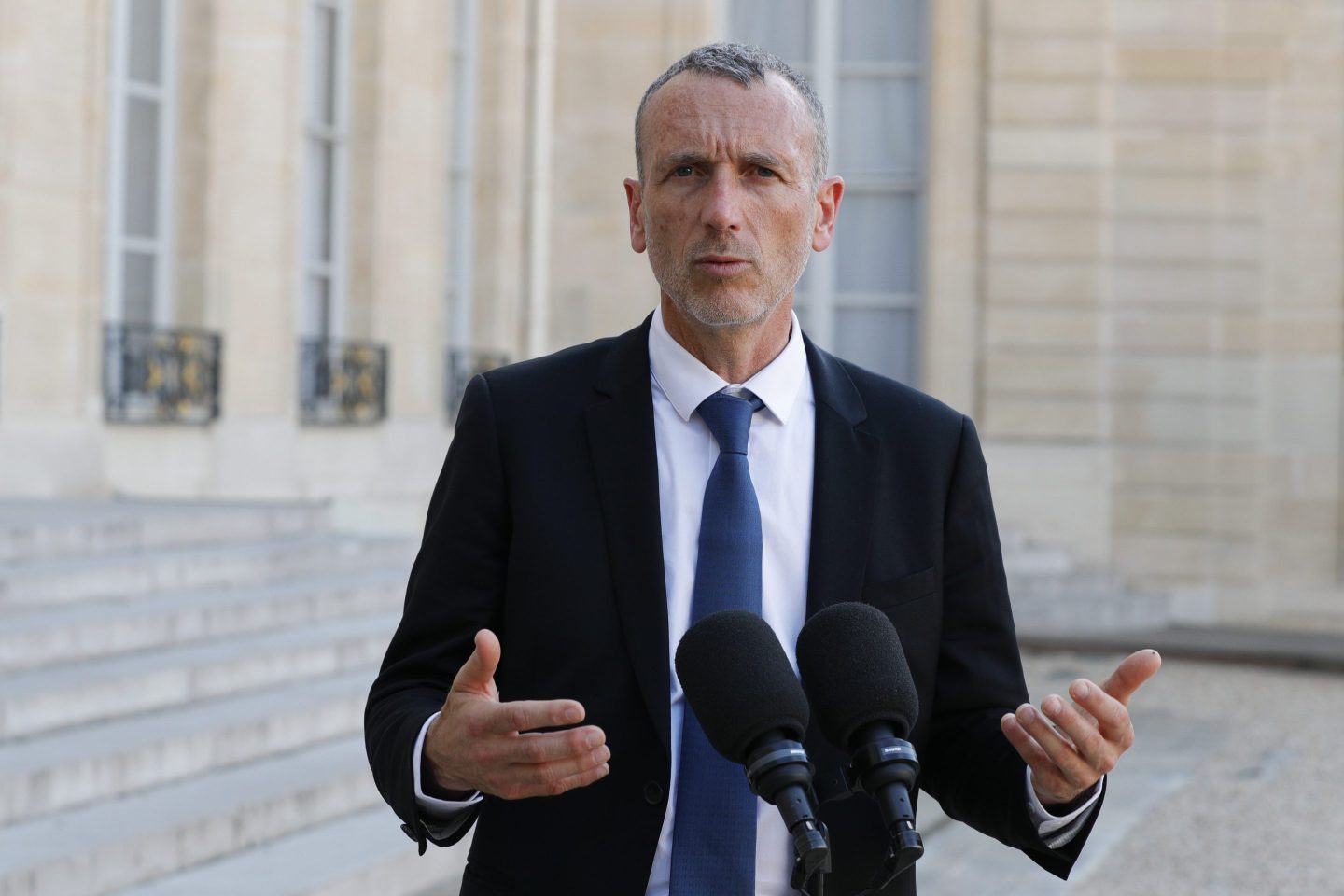 former Danone CEO Emmanuel Faber speaks at the Elysee presidential palace in Paris on August 23, 2019, after taking part in a meeting of the G7 Advisory Council for Equality between Women and Men with French President and civil society representatives as part of the 'Day of Dialogue'.