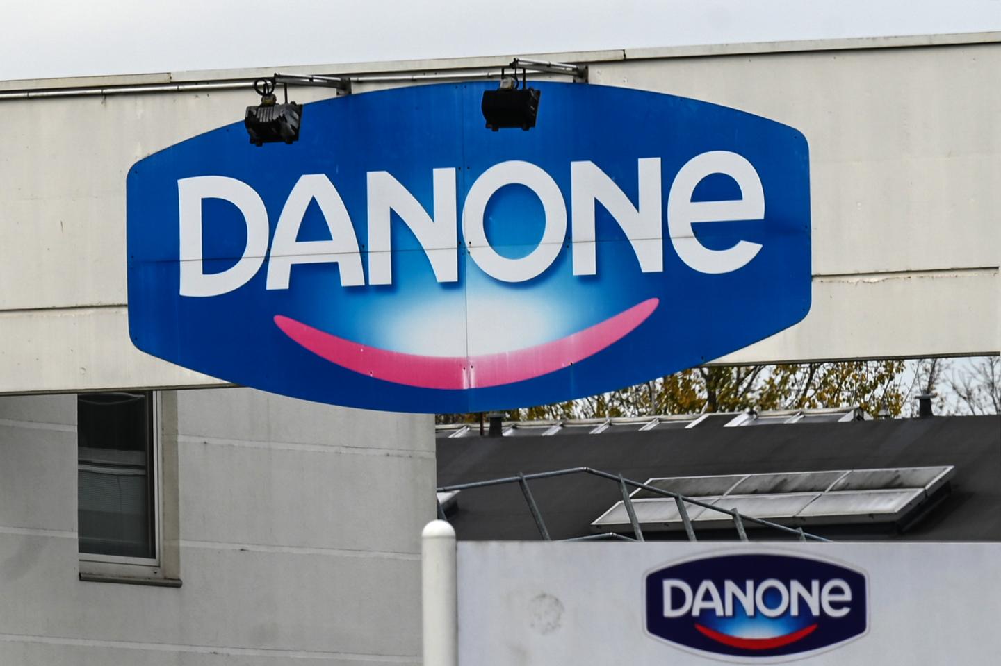 A view taken on November 23, 2020 shows a part of the entrance to the Danone factory in Bailleul, northern France.