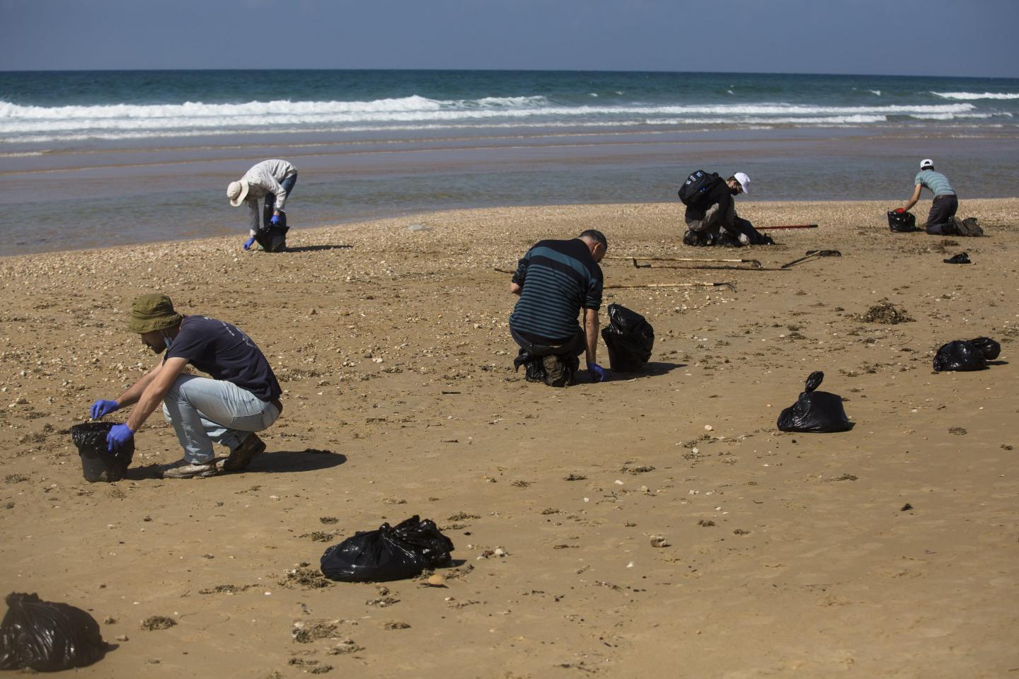 People cleaning tar off a beach in Israel after an oil spill.