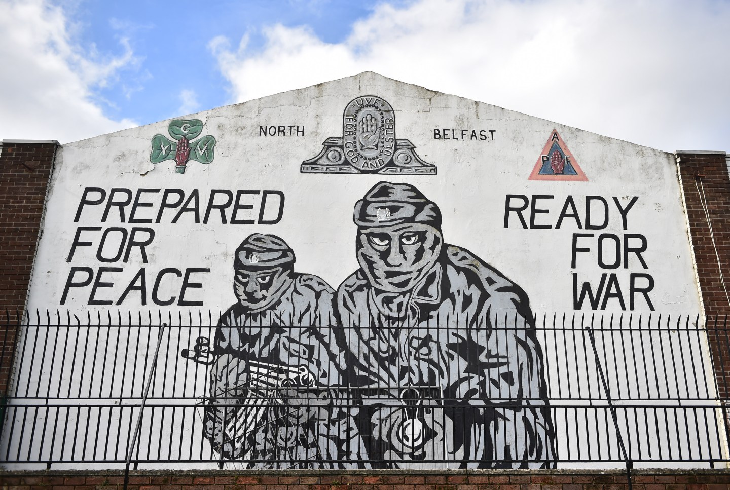 A loyalist mural stating Prepared for peace, ready for war can be seen in the loyalist Mount Vernon estate on March 4, 2021 in Belfast, Northern Ireland.