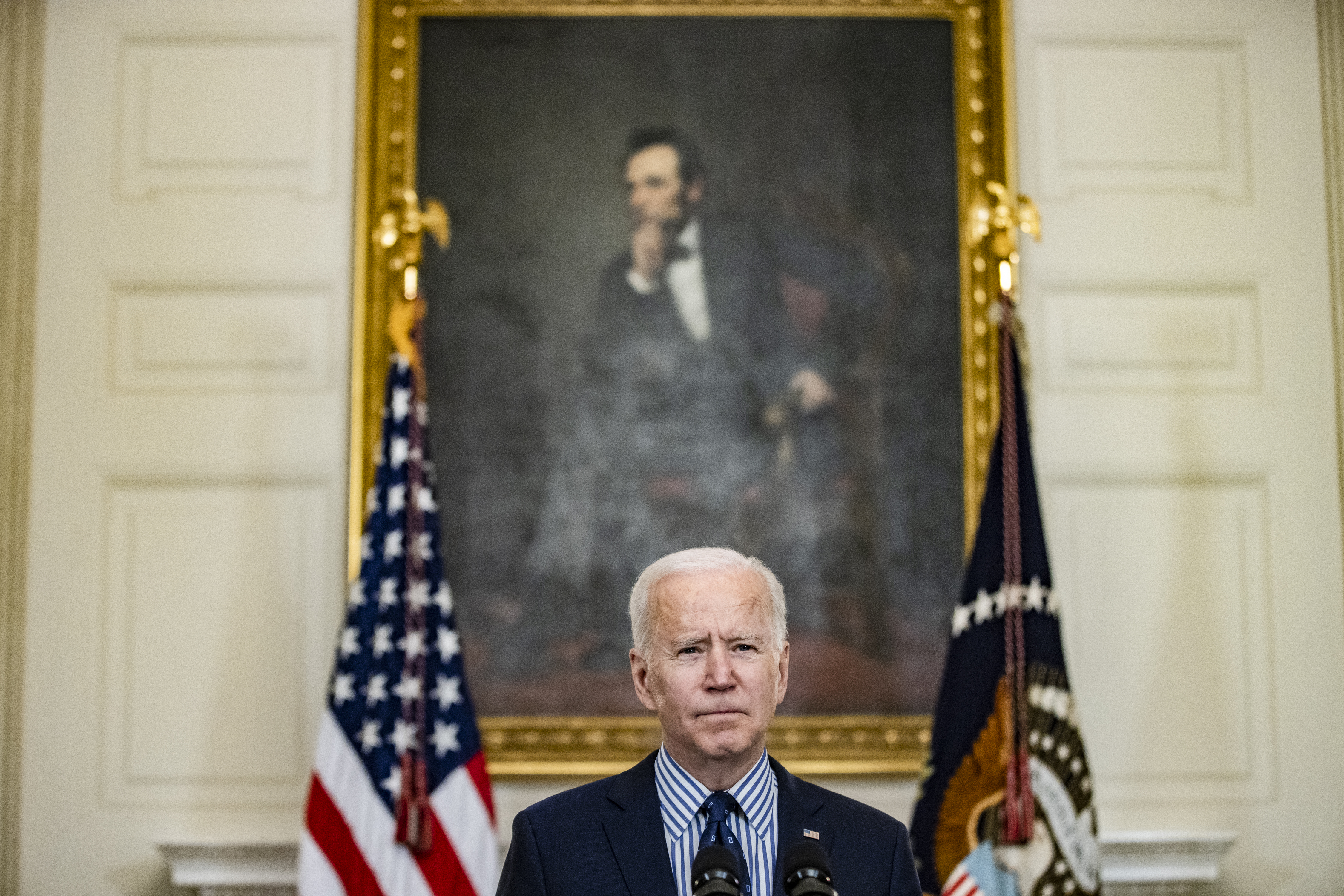 President Joe Biden speaks from the State Dining Room following the passage of the American Rescue Plan in the U.S. Senate at the White House on March 6, 2021, in Washington, D.C. The Senate passed the latest COVID-19 relief bill by 50 to 49 on a party-line vote, after an all-night session.