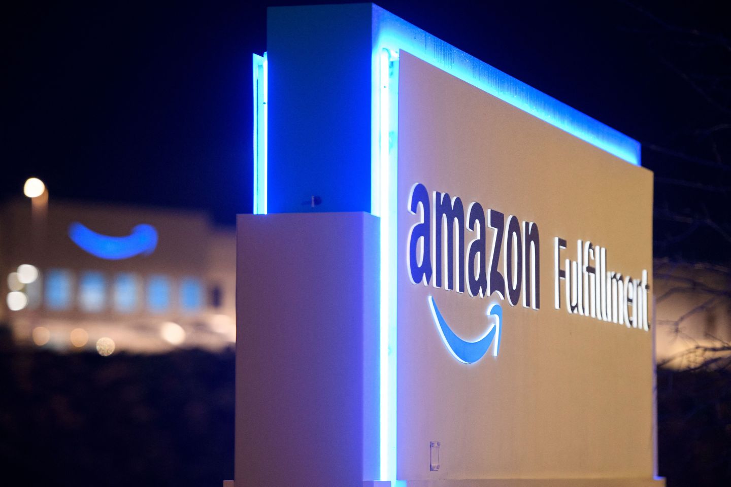 A sign at the Amazon.com, Inc. BHM1 fulfillment center is seen before sunrise on March 29, 2021 in Bessemer, Ala. Votes are set to be counted on March 29, 2021 on whether to create the first Amazon union in the United States, at a warehouse in Alabama, after a historic, five months-long David vs Goliath campaign. &#8216;I&#8217;m proud of the workers at Amazon for standing up and saying enough,&#8217; said Joshua Brewer, the local president of the Retail, Wholesale and Department Store Union.