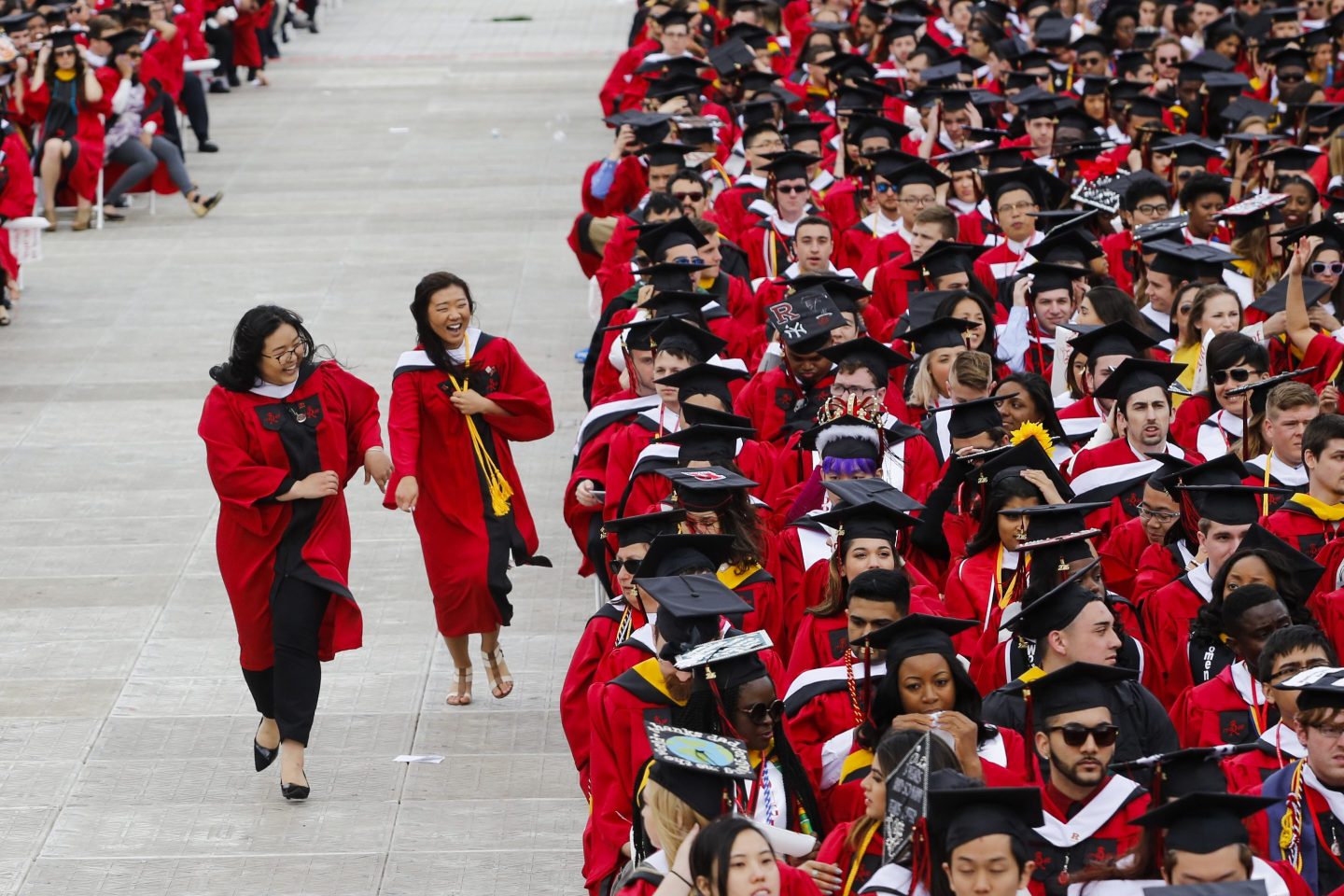 NEW BRUNSWICK, NJ - MAY 15: Students at Rutgers University attend the 250th anniversary commencement ceremony on May 15, 2016 in New Brunswick, New Jersey. President Barack Obama will be the first sitting president to speak at the school's commencement. (Photo by Eduardo Munoz Alvarez/Getty Images)