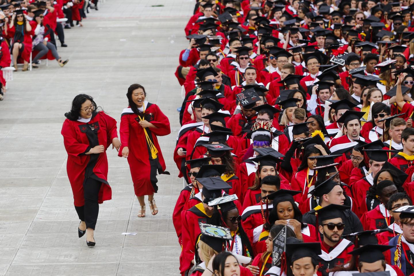 NEW BRUNSWICK, NJ - MAY 15: Students at Rutgers University attend the 250th anniversary commencement ceremony on May 15, 2016 in New Brunswick, New Jersey. President Barack Obama will be the first sitting president to speak at the school's commencement. (Photo by Eduardo Munoz Alvarez/Getty Images)