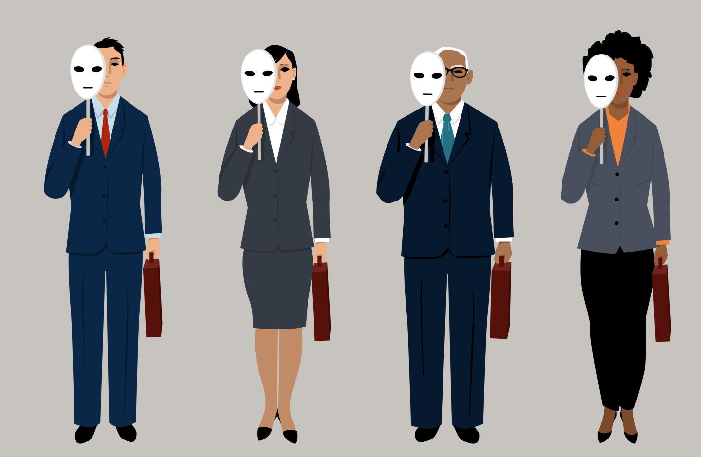 Photo illustration of Diverse job candidates hiding behind masks as a metaphor for eliminating bias in hiring process,