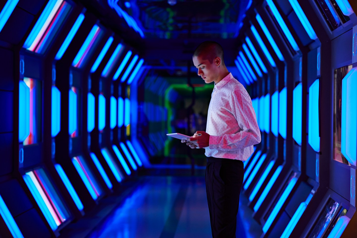 Modern chic business people working in an incredible futuristic &amp; original office space