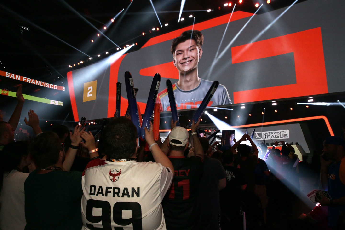 Fans cheer during player introductions before gameplay at the Overwatch League Grand Finals at the Wells Fargo Center on September 29, 2019 in Philadelphia, Pennsylvania.