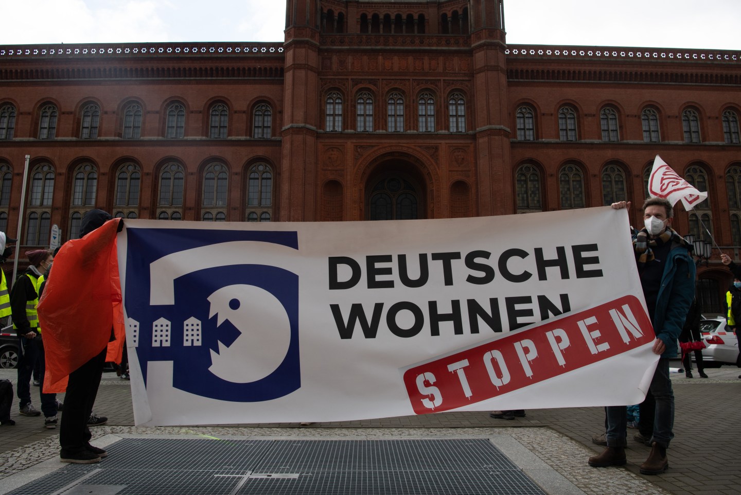 27 March 2021, Berlin: "Stop Deutsche Wohnen" is written on a banner of participants in the Housing Action Day demonstration of the Action Alliance against Displacement and Rent Madness.