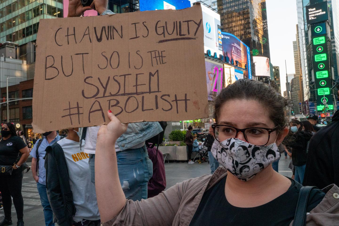 People take to the streets following the verdict in the Derek Chauvin trial on April 20, 2021 in New York City.