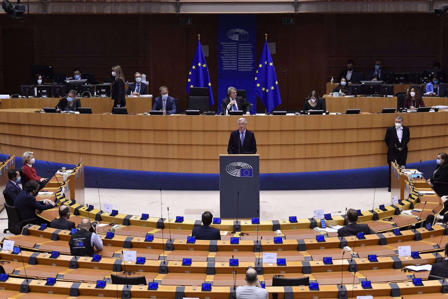 Head of the Task Force for Relations with the UK, Michel Barnier (R) delivers a speech during the debate on EU-UK trade and cooperation agreement during the second day of a plenary session at the European Parliament in Brussels, on April 27, 2021.