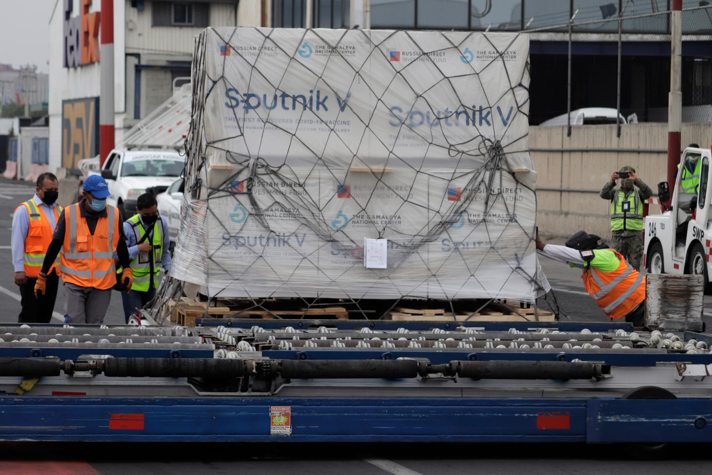 Unloading of 800,000 doses of Sputnik V vaccine against COVID-19 at Mexico City Airport, Mexico, on April 29, 2021 Mexico, on April 29, 2021 during the sanitary emergency and the orange epidemiological traffic light in the capital.