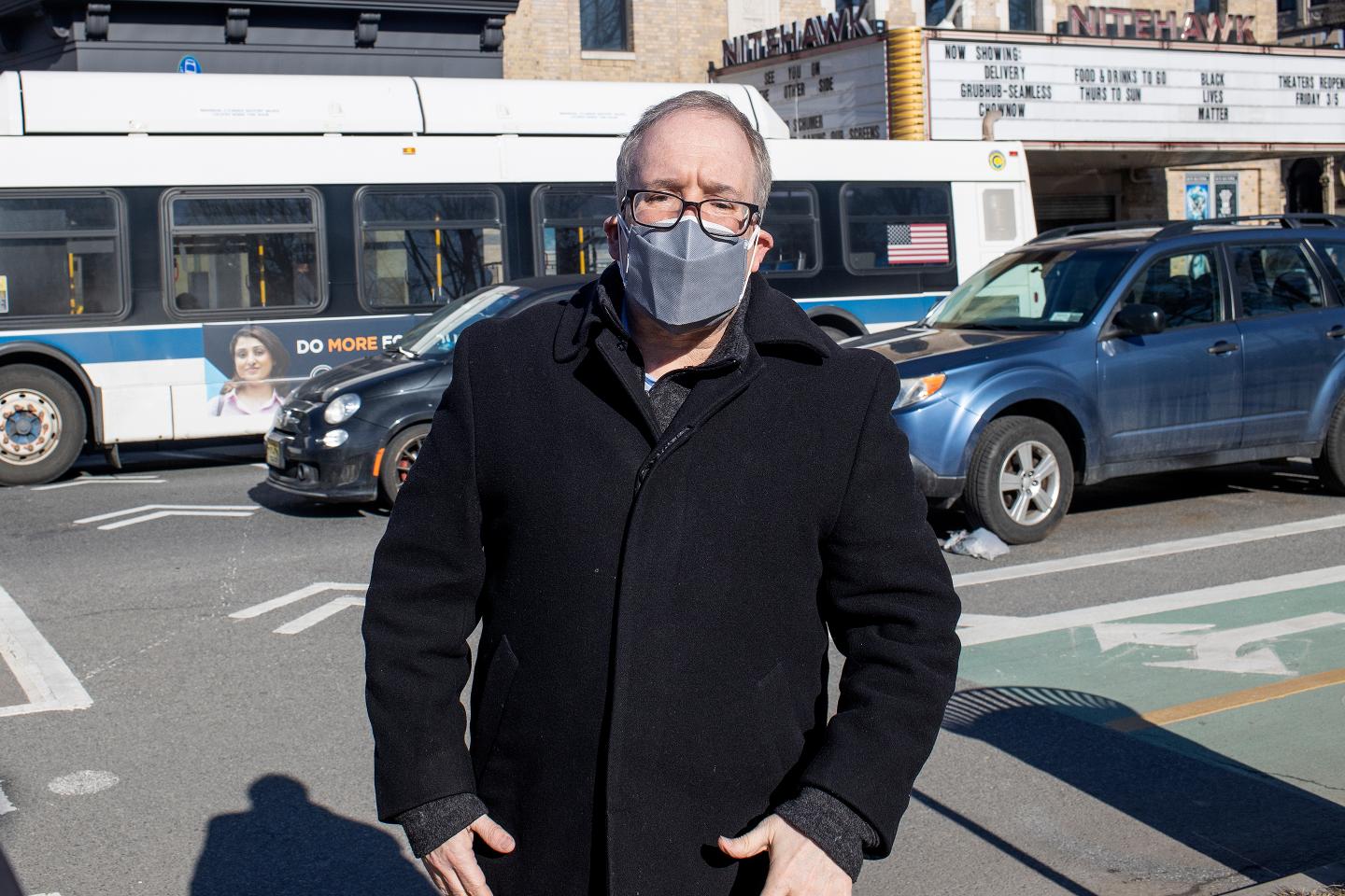 New York City Comptroller Scott M. Stringer collects signatures to be on the Democratic primary ballot for mayor on March 3, 2021, in the Park Slope neighborhood of Brooklyn, New York.