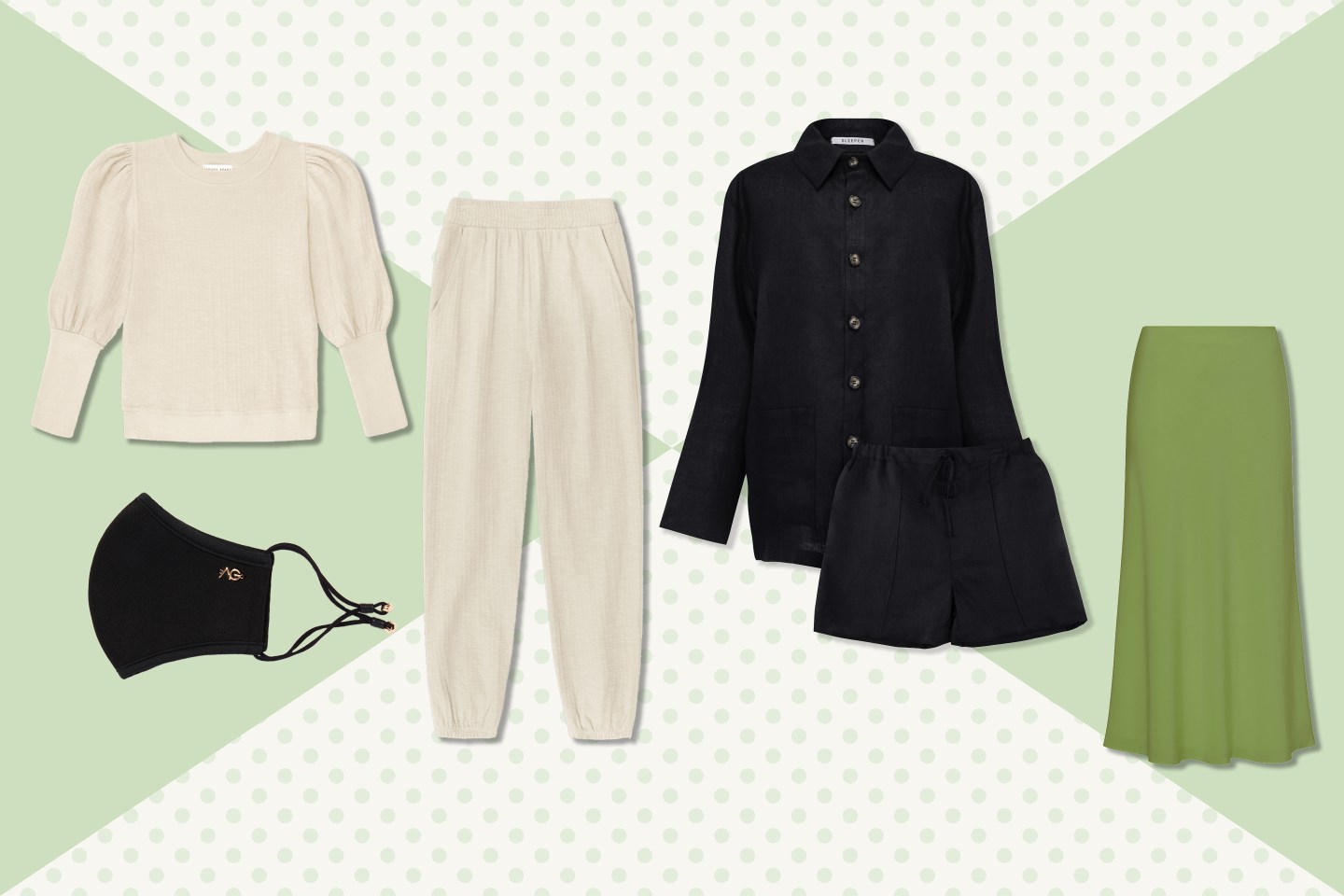 Avantguard’s Park Lane Aerosilver luxe mask; Apiece Apart Olimpio sweatshirt and joggers; Sleeper unisex coal-black linen pajama set with shorts; M.M.LaFleur washable silk Orchard skirt.