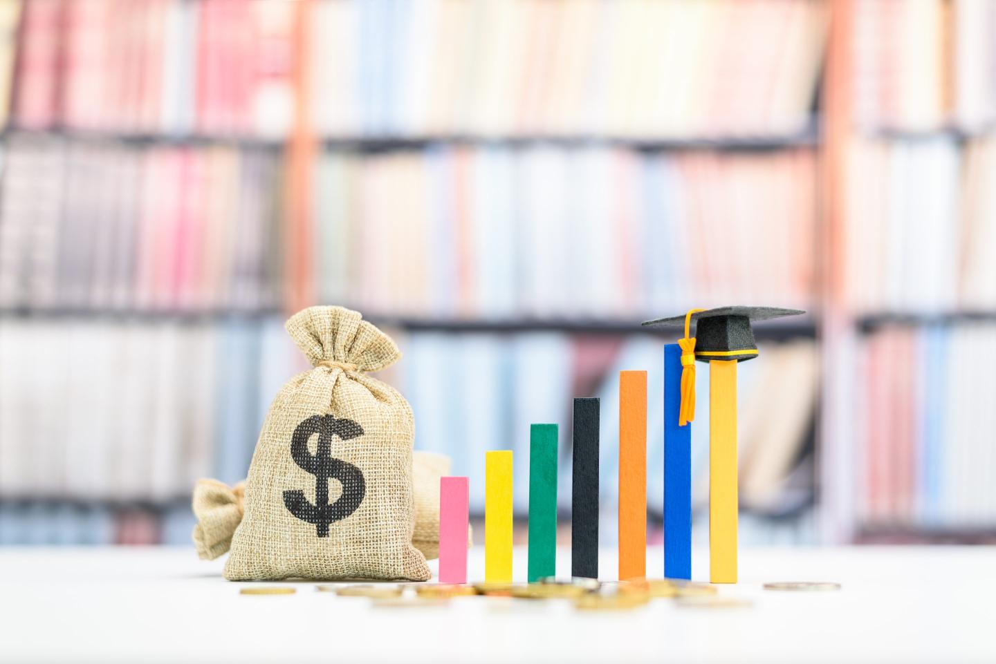 Mini bag of money next to ascending graphs with a graduation cap on top.
