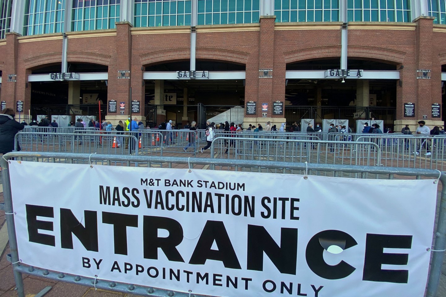 A mass COVID-19 vaccination site at M&T Bank Stadium in Baltimore on March 20, 2021.