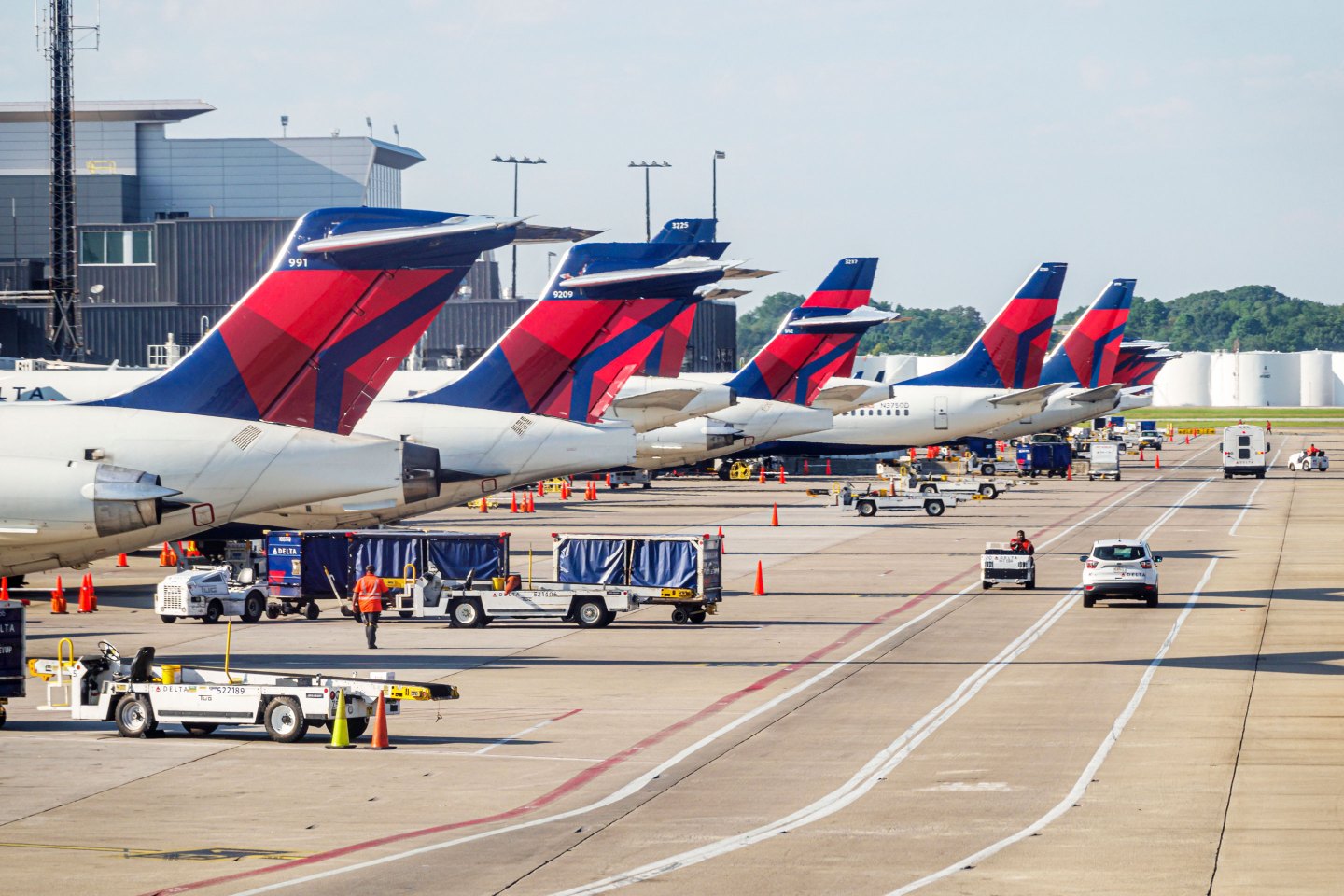 Delta planes on the tarmac at Hartsfield-Jackson Atlanta International Airport.