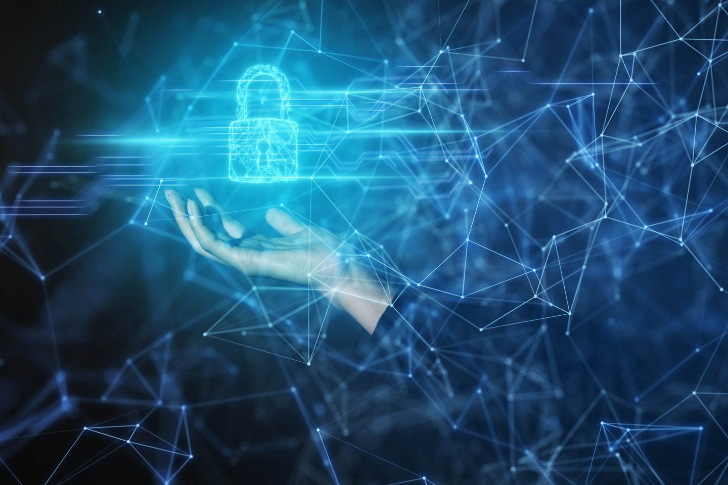 Woman's hand showing security circuit padlock in network space.
