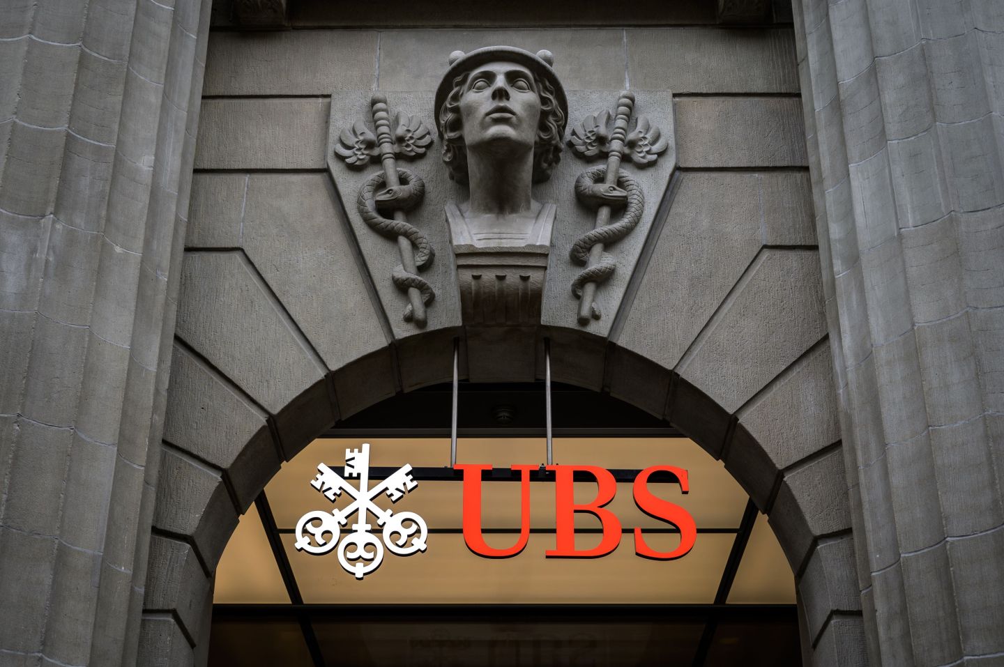 This photograph taken on March 3, 2021 in Zurich shows a sign of Swiss banking giant UBS on their headquarters.
