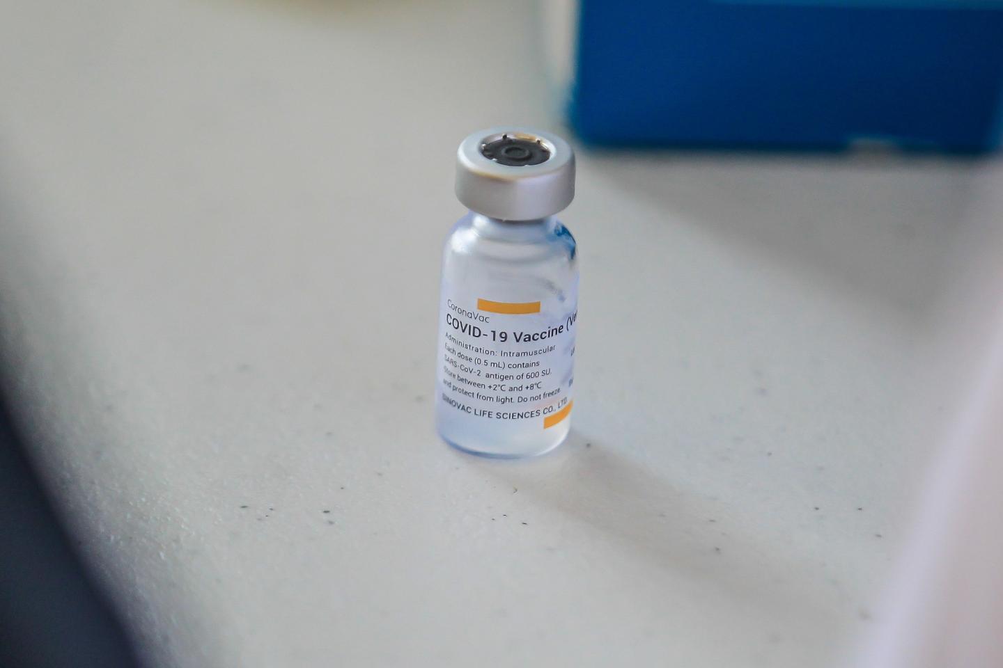 A vial of the Sinovac COVID-19 vaccine is seen at a vaccination site in Manila, the Philippines on May 1, 2021.
