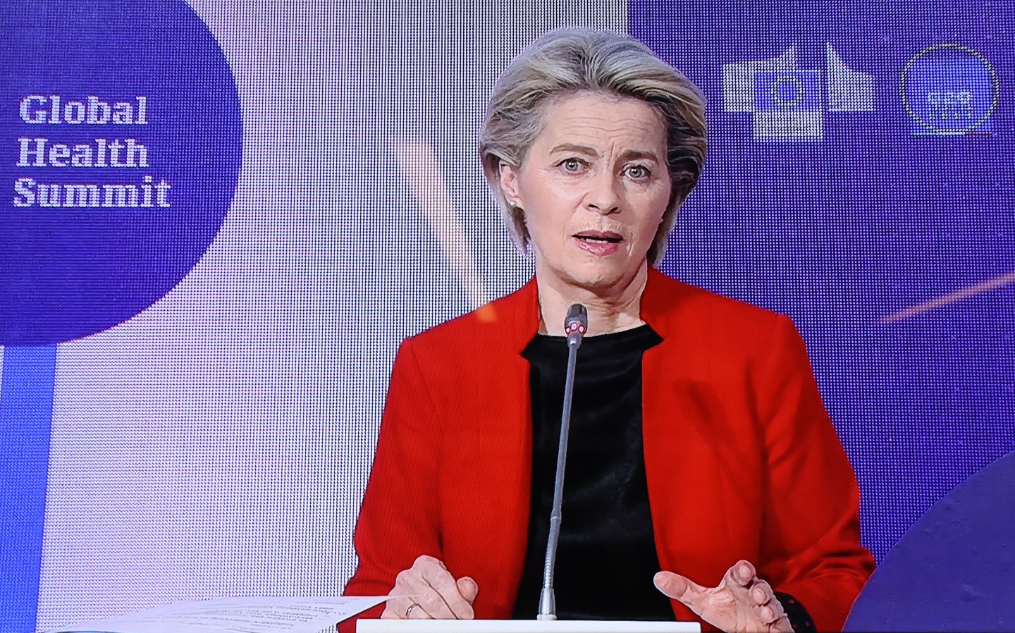 European Commission President Ursula von Der Leyen attends the Global Health Summit, which is held in Rome, via video conference in Brussels, Belgium on May 21, 2021.