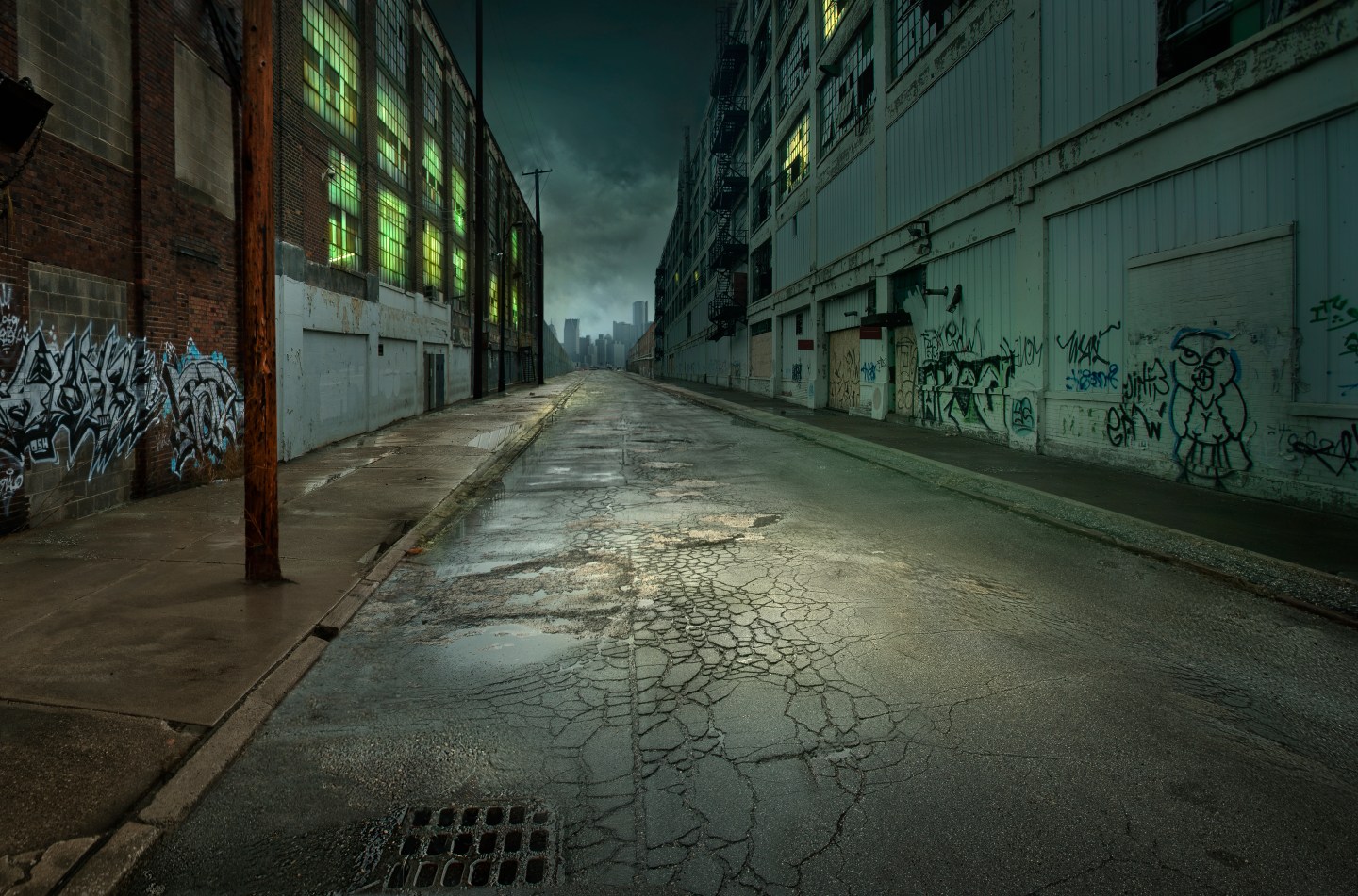 Graffiti on walls on empty city street