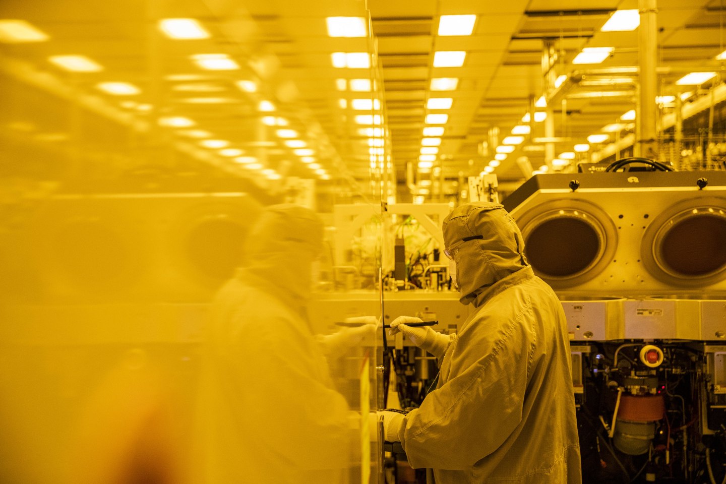 An employee at the GlobalFoundries semiconductor manufacturing facility in Malta, N.Y., on March 16, 2021.