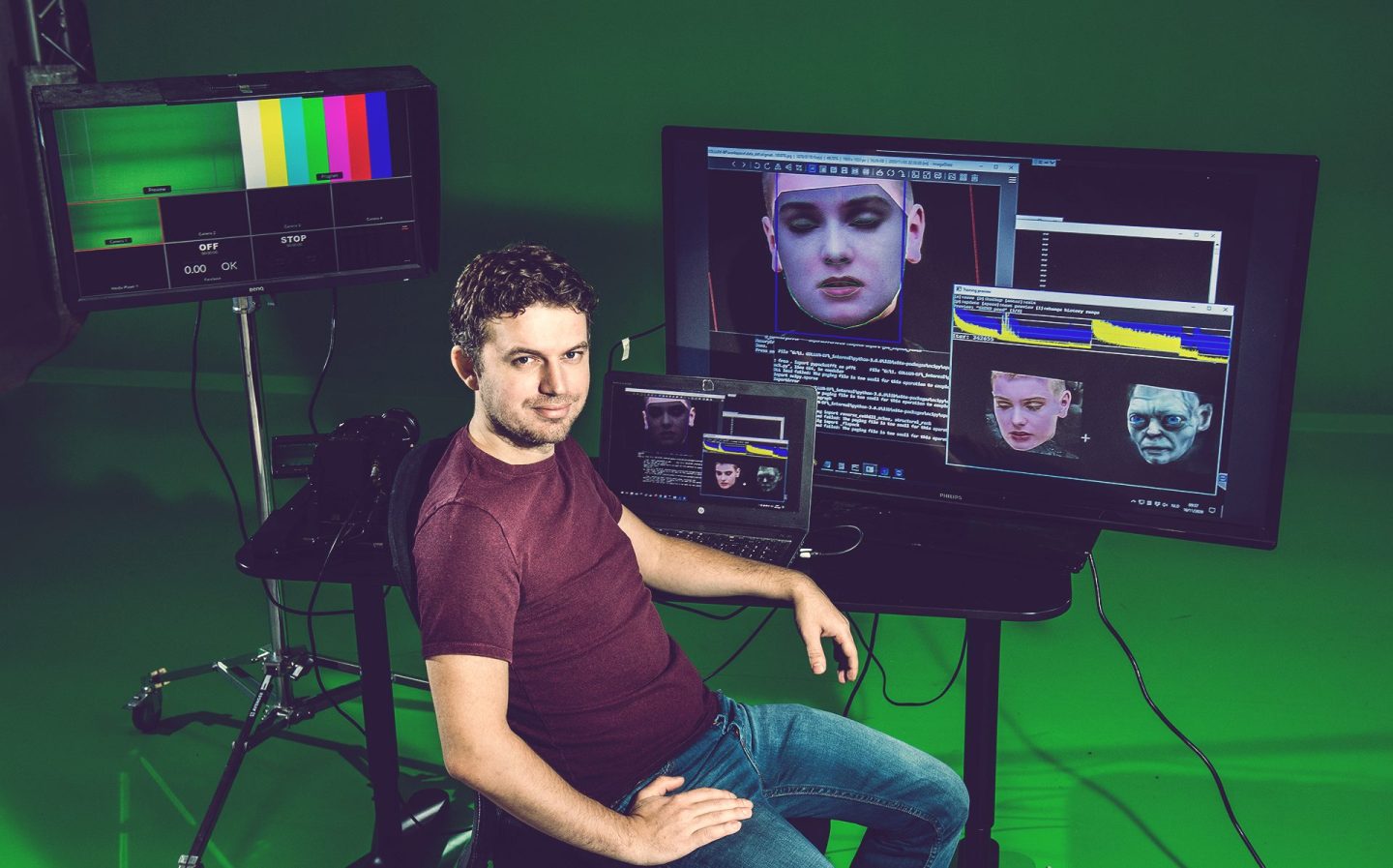 Photo of Chris Ume sitting at a video editing suite.