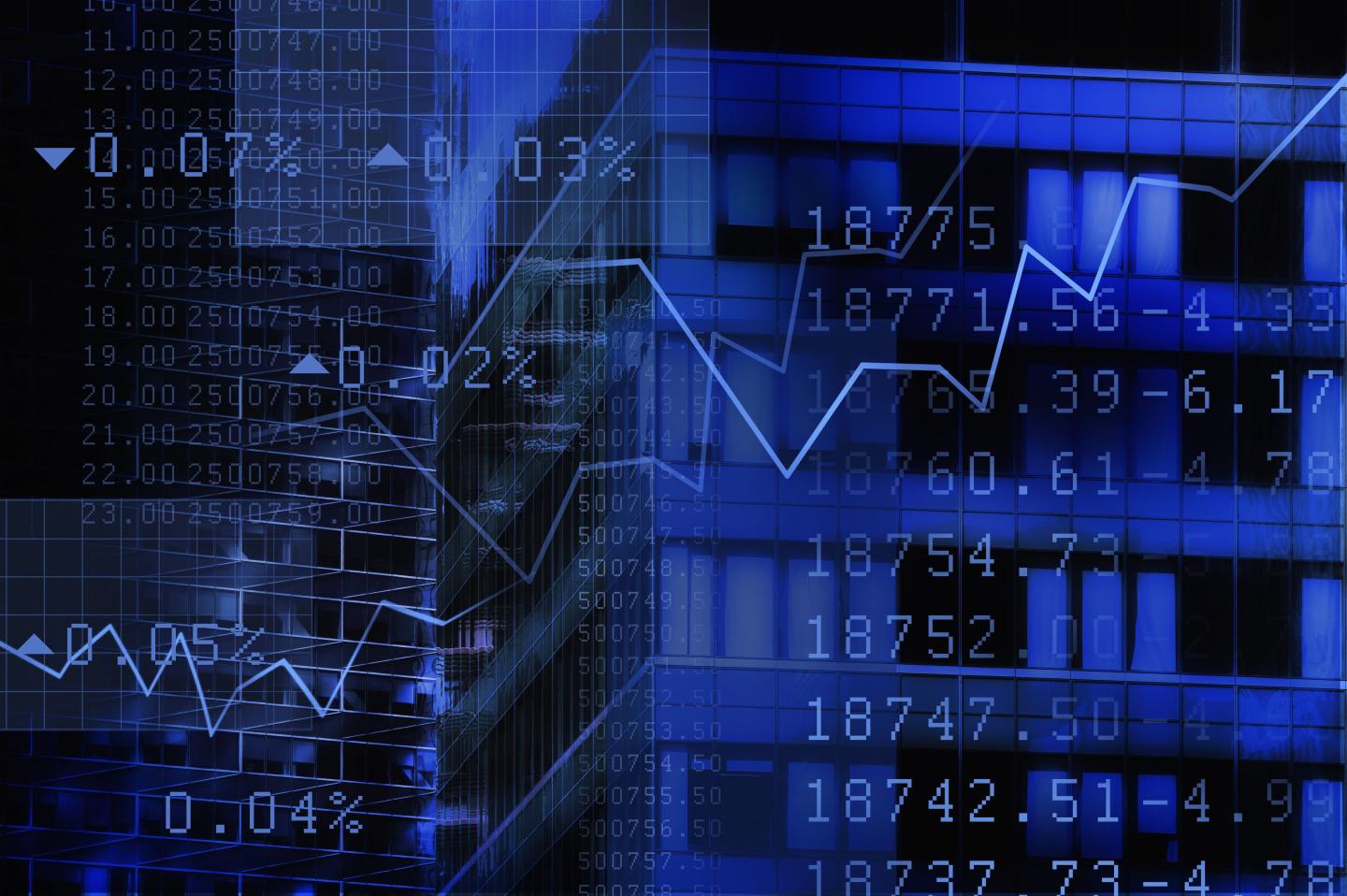 USA, New York, New York City, stock quotes reflecting on window