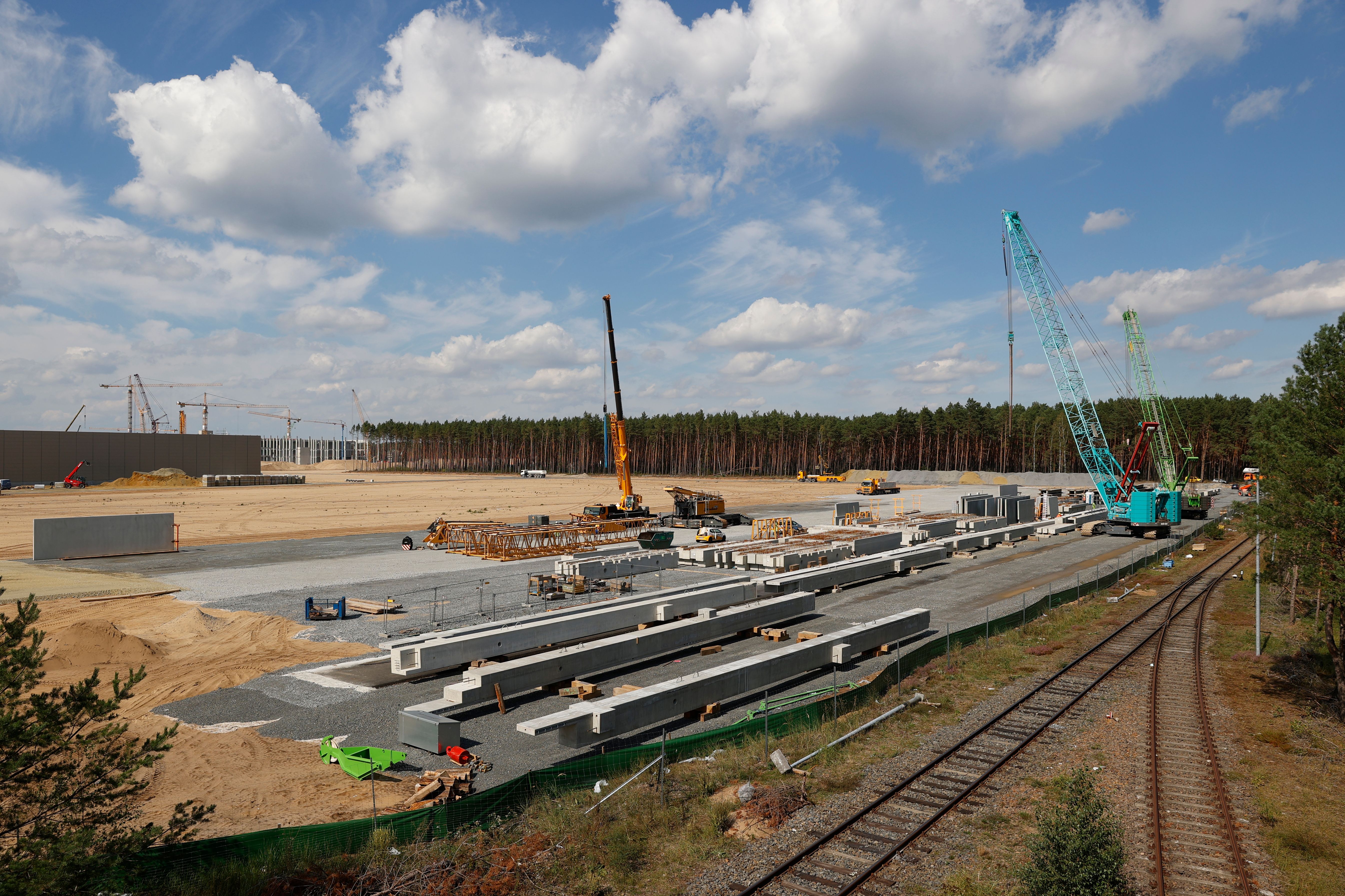 An overview of the construction site of the future US electric car giant Tesla is pictured on September 3, 2020, in Gruenheide near Berlin. - Tesla builds a compound at the site in Gruenheide in Brandenburg for its first European "Gigafactory" near Berlin. 