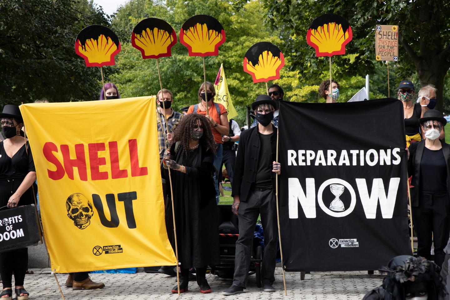 The Oil Slick or Black Rebels activists perform their slow, dark movements at the Extinction Rebellion Shell Out protest on 8th September 2020 in London, United Kingdom.