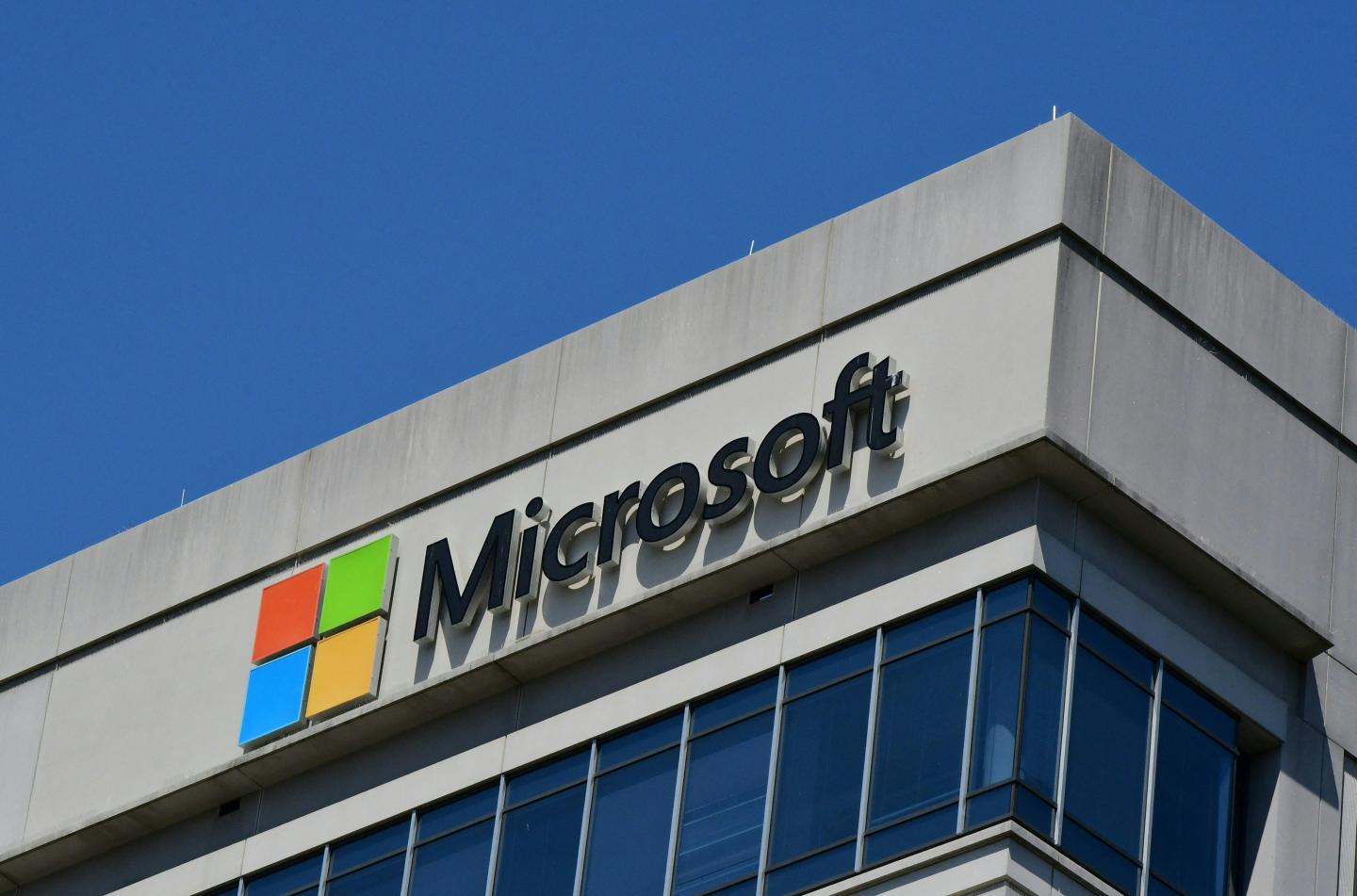 A Microsoft logo adorns a building in Chevy Chase, Maryland on May 19, 2021.