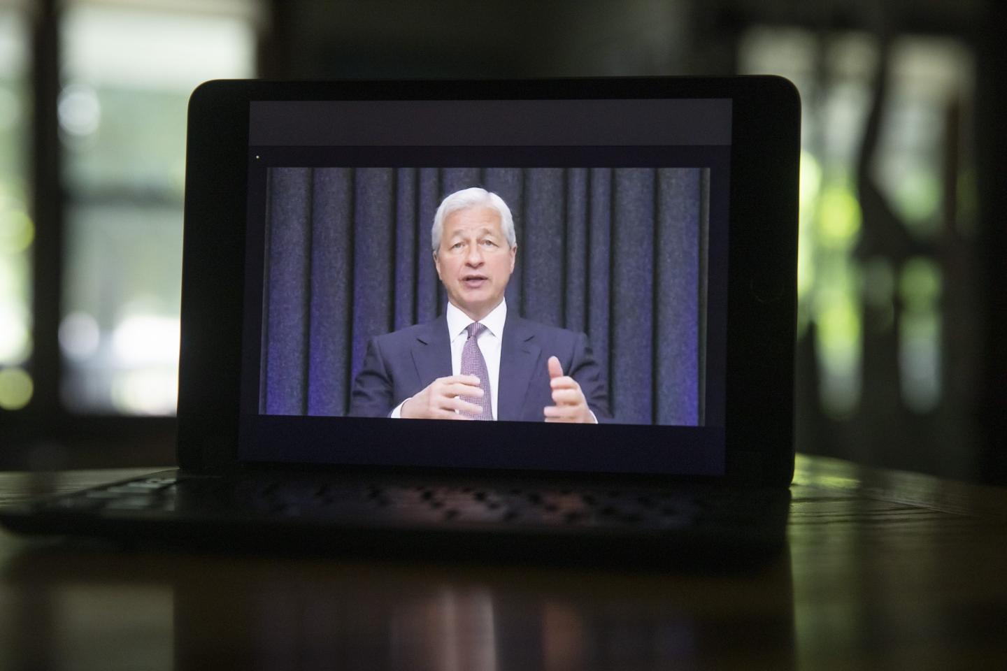 JPMorgan Chase CEO Jamie Dimon speaks during his virtual testimony before the during a Senate Banking Committee last month.