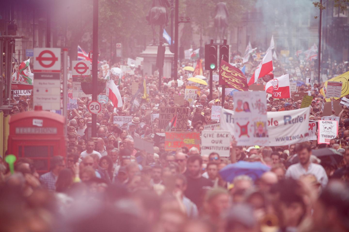 LONDON, UNITED KINGDOM - MAY 29: Demonstrators opposing coronavirus lockdown restrictions and related measures including mask-wearing and the possible introduction of covid-19 'vaccine passports' for certain settings fill Whitehall during the 'Unite for Freedom' march in London, United Kingdom on May 29, 2021. British Prime Minister Boris Johnson has warned that the rise of the so-called Indian Variant of the coronavirus could affect the timing of the final step of England's road map out of lockdown, set for June 21. (
